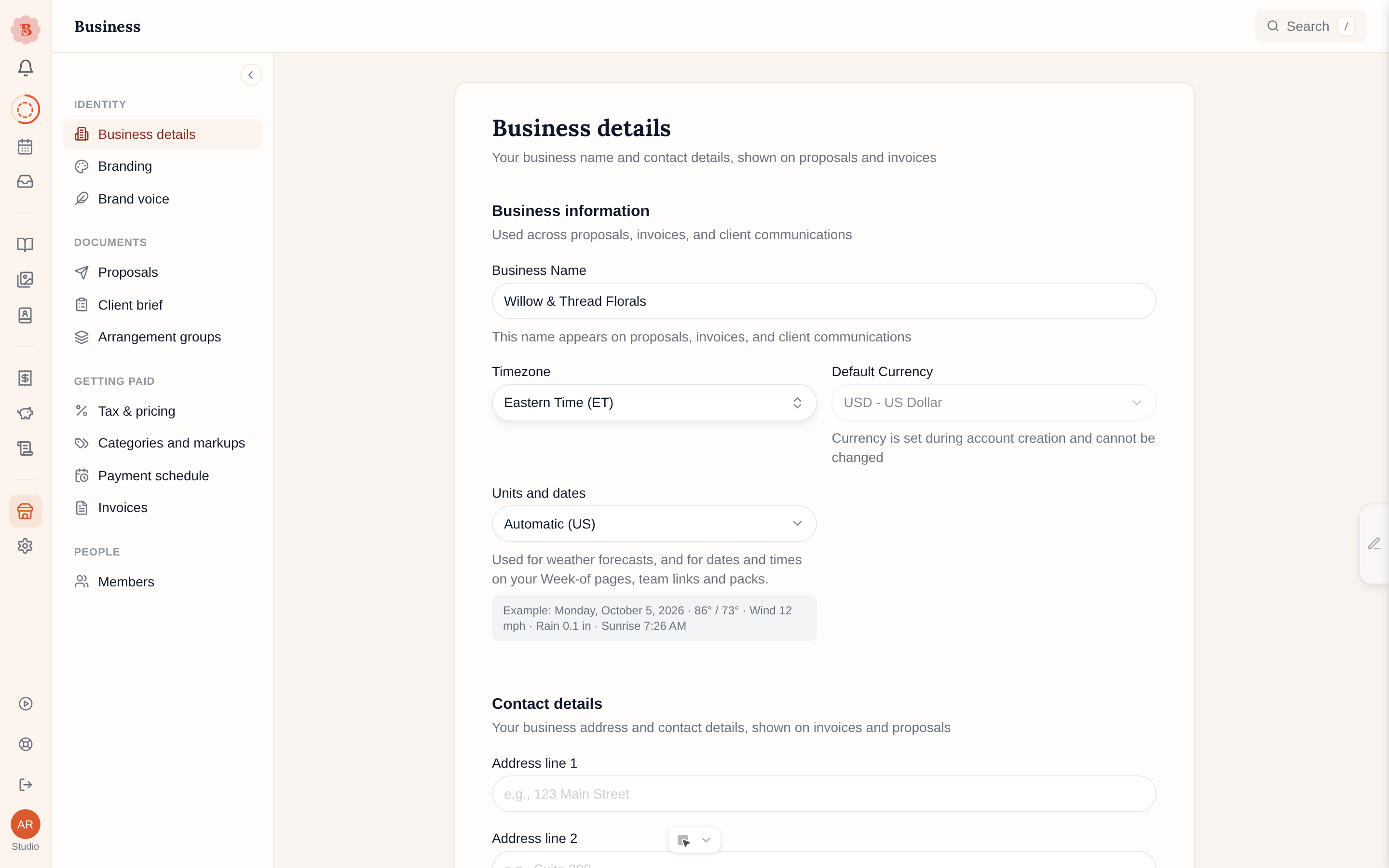 The Business area with its grouped sidebar and the Business details page open