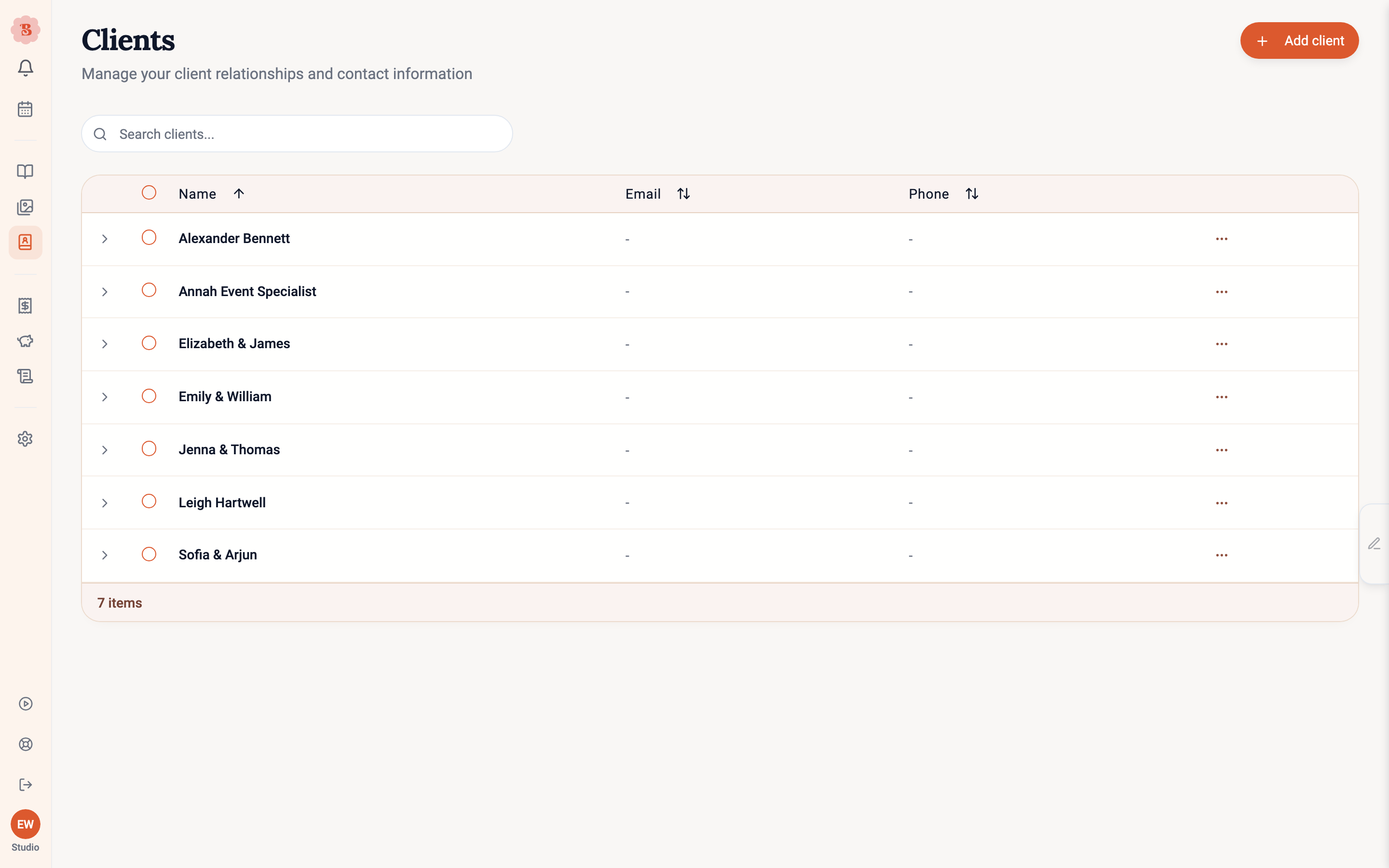 The Clients page with a searchable, sortable list of client records