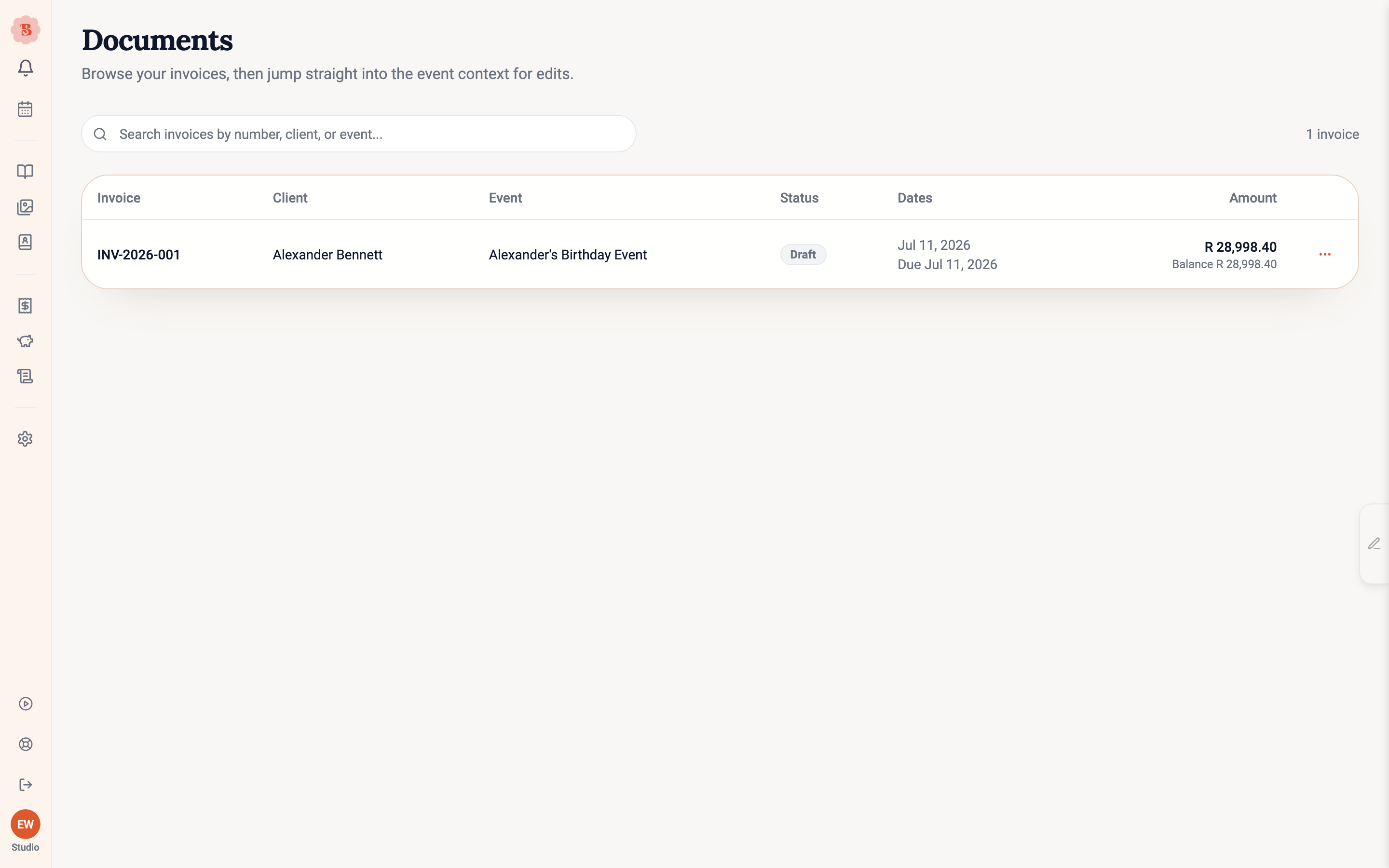 The Documents page listing an invoice with its status, dates, and amount