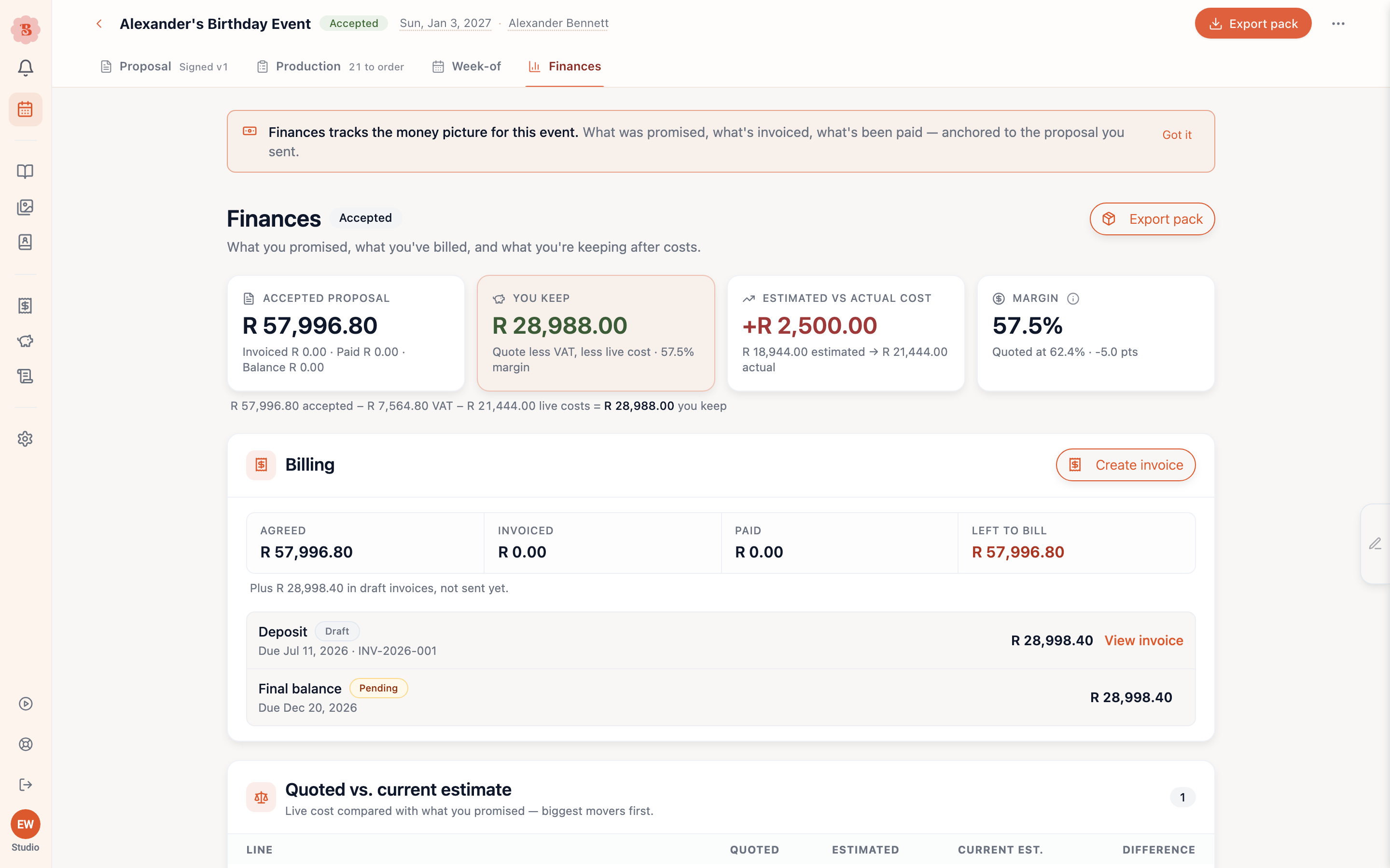The event's Finances view with money tiles and the Billing section listing deposit and final balance milestones