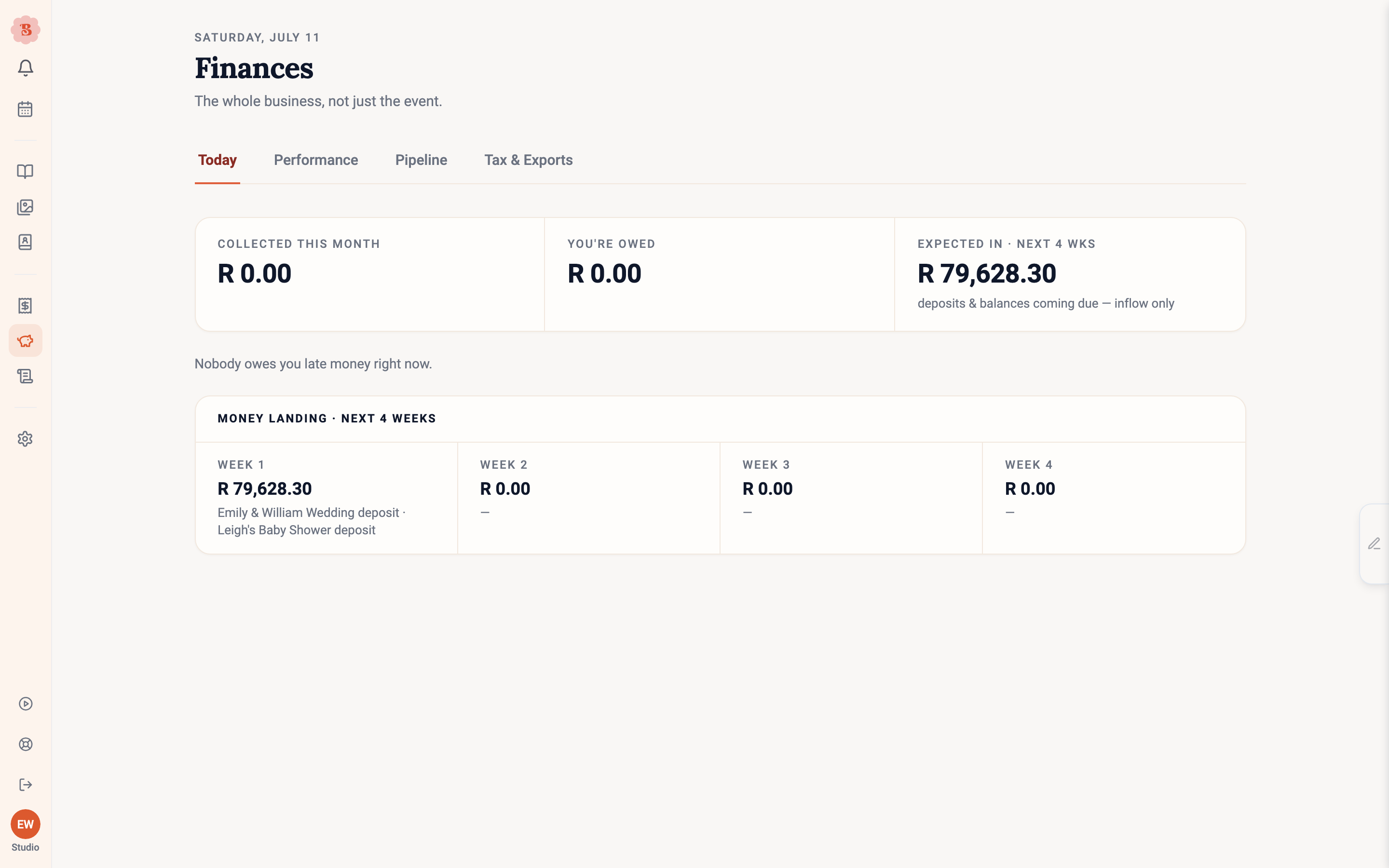 The Finances Today view with collected, owed, and expected tiles plus the money landing strip