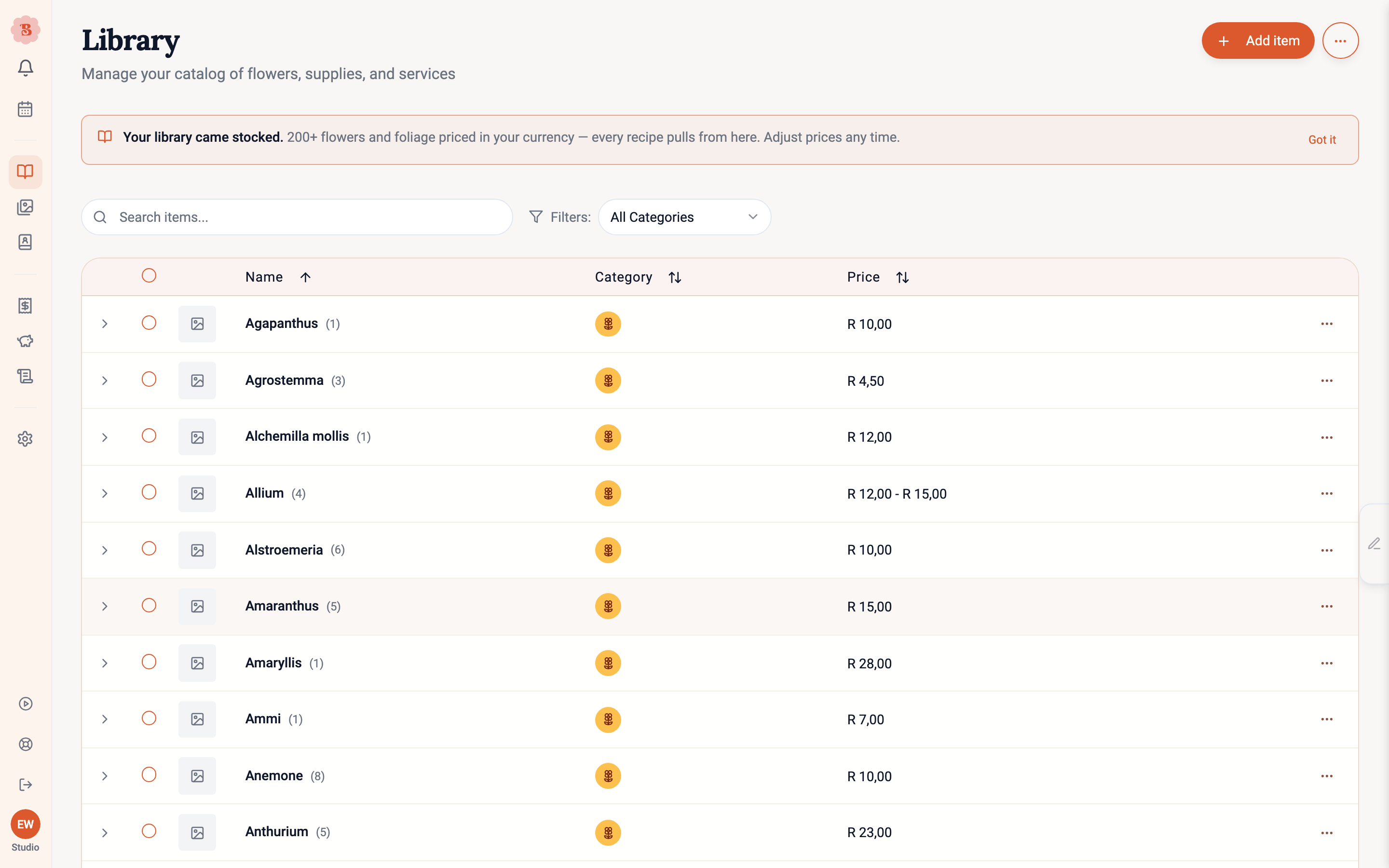 The Library list with priced flowers, search, category filters, and the Add item button