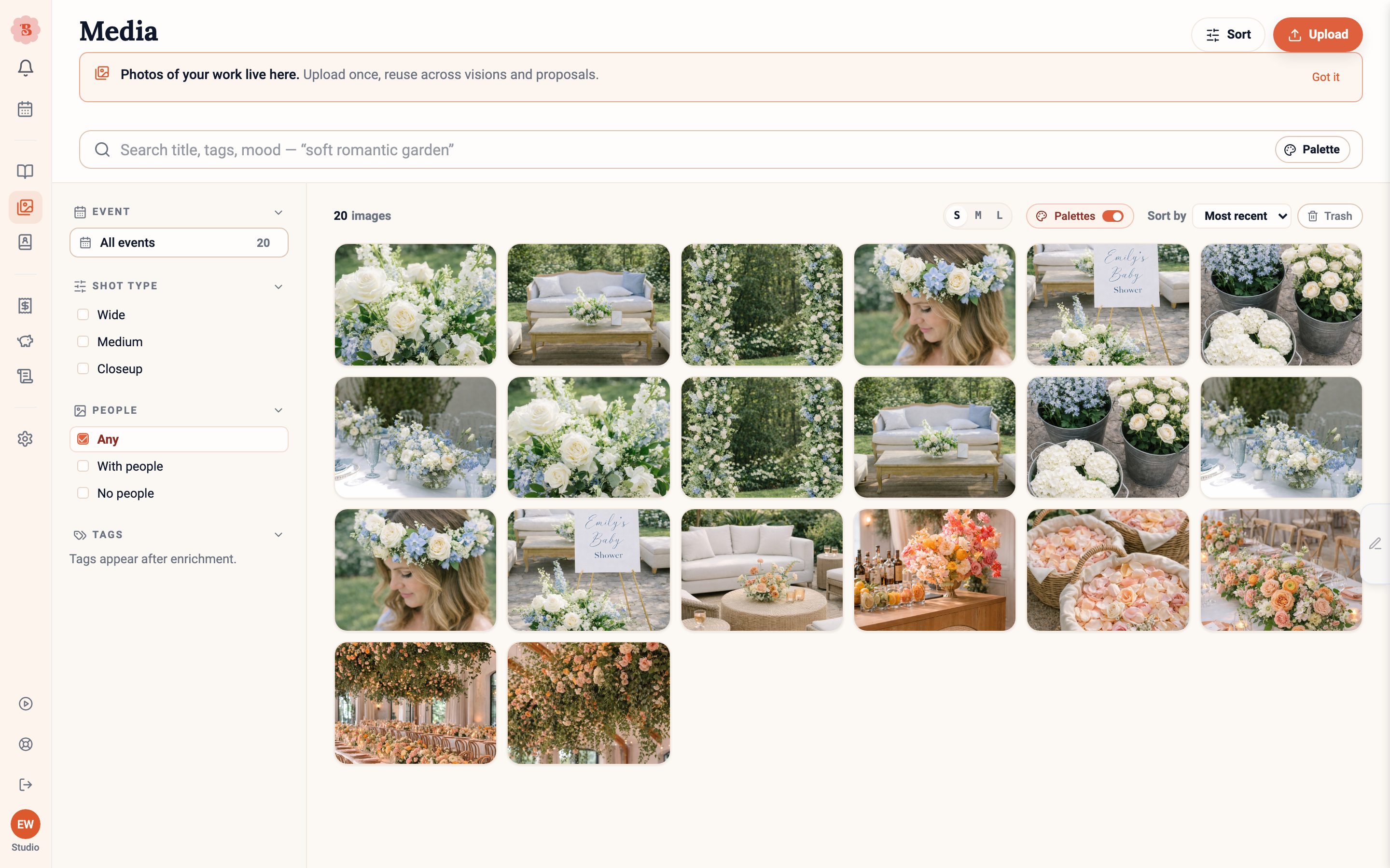 The Media library grid with uploaded images, palette search, and shot-type filters