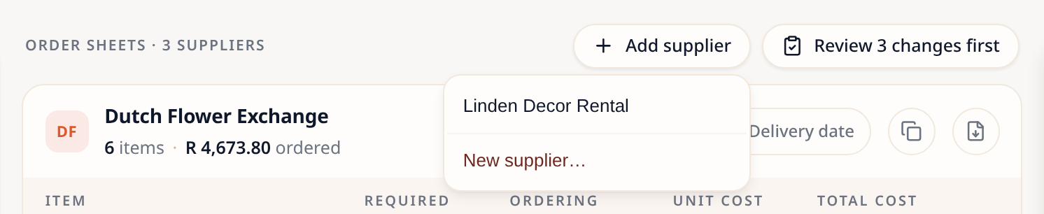 The Add supplier menu listing a saved supplier and New supplier…