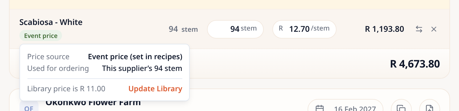 The Event price card: price source, the quantity ordered from this supplier, the library price and an Update Library link