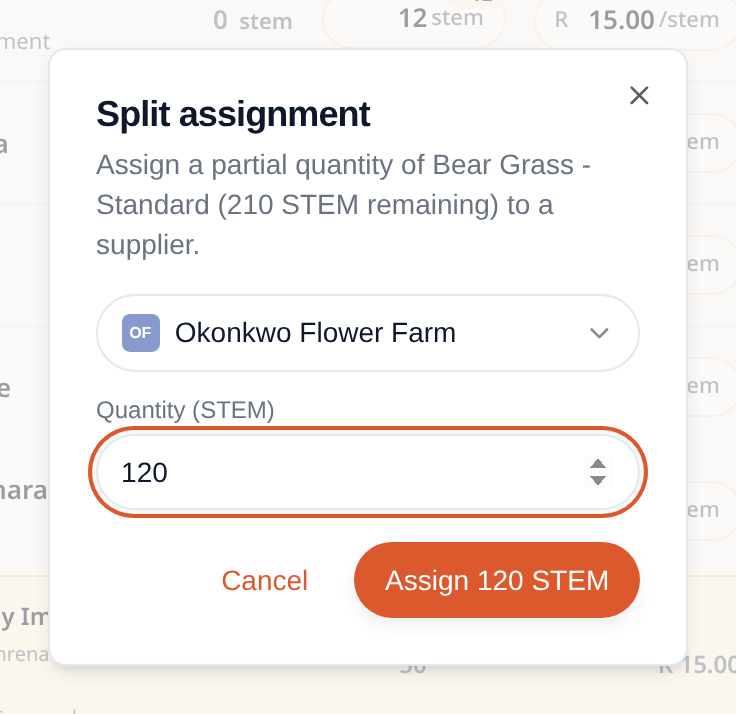 The Split assignment dialog with a supplier chosen and a quantity of 120 entered