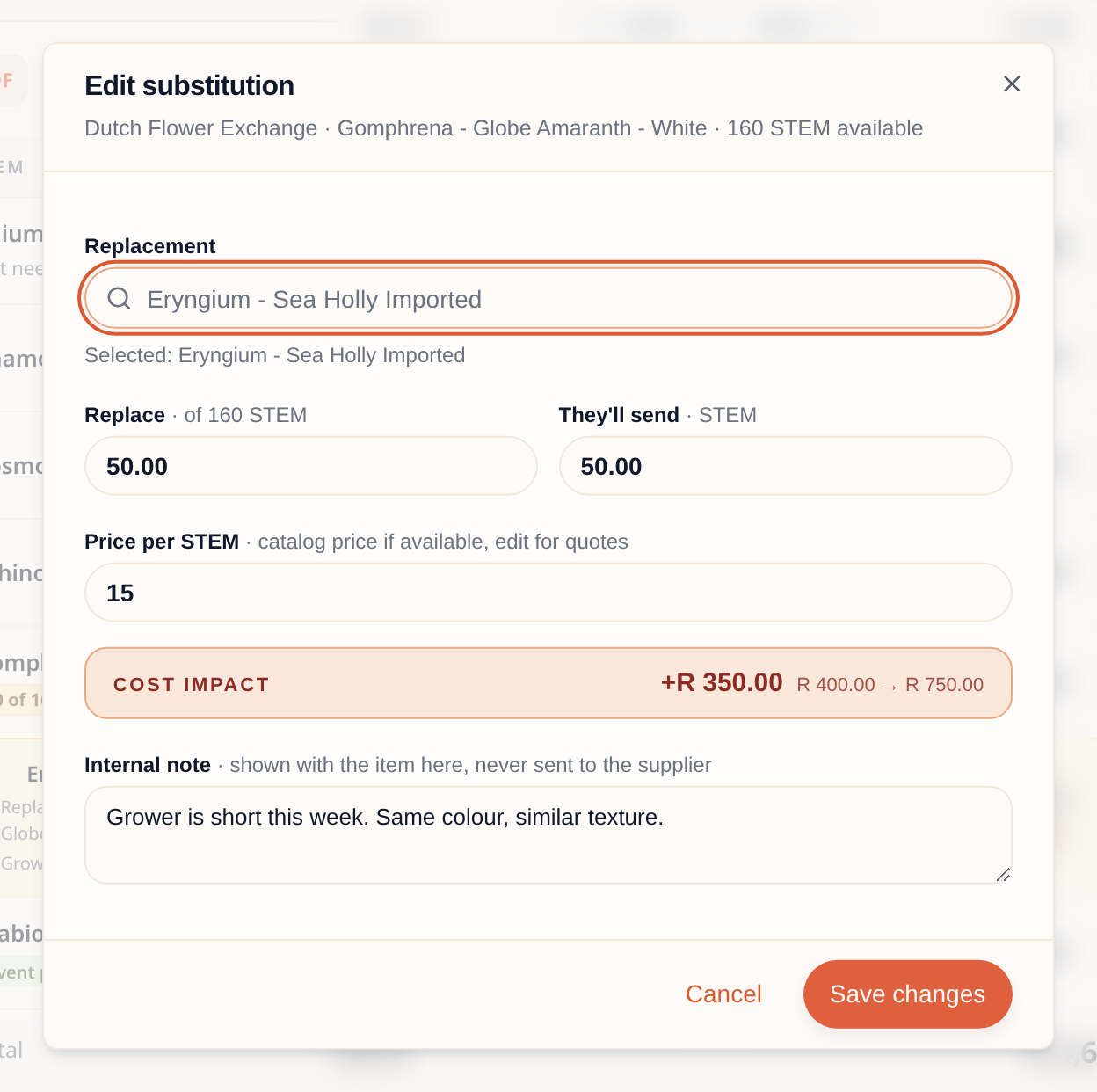 The Edit substitution dialog: replacement, quantities, price per stem, cost impact and an internal note