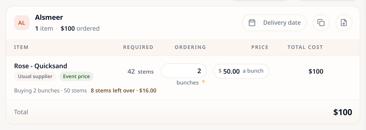 A supplier's order sheet with six items, a substitution, an event price tag and a line no arrangement needs