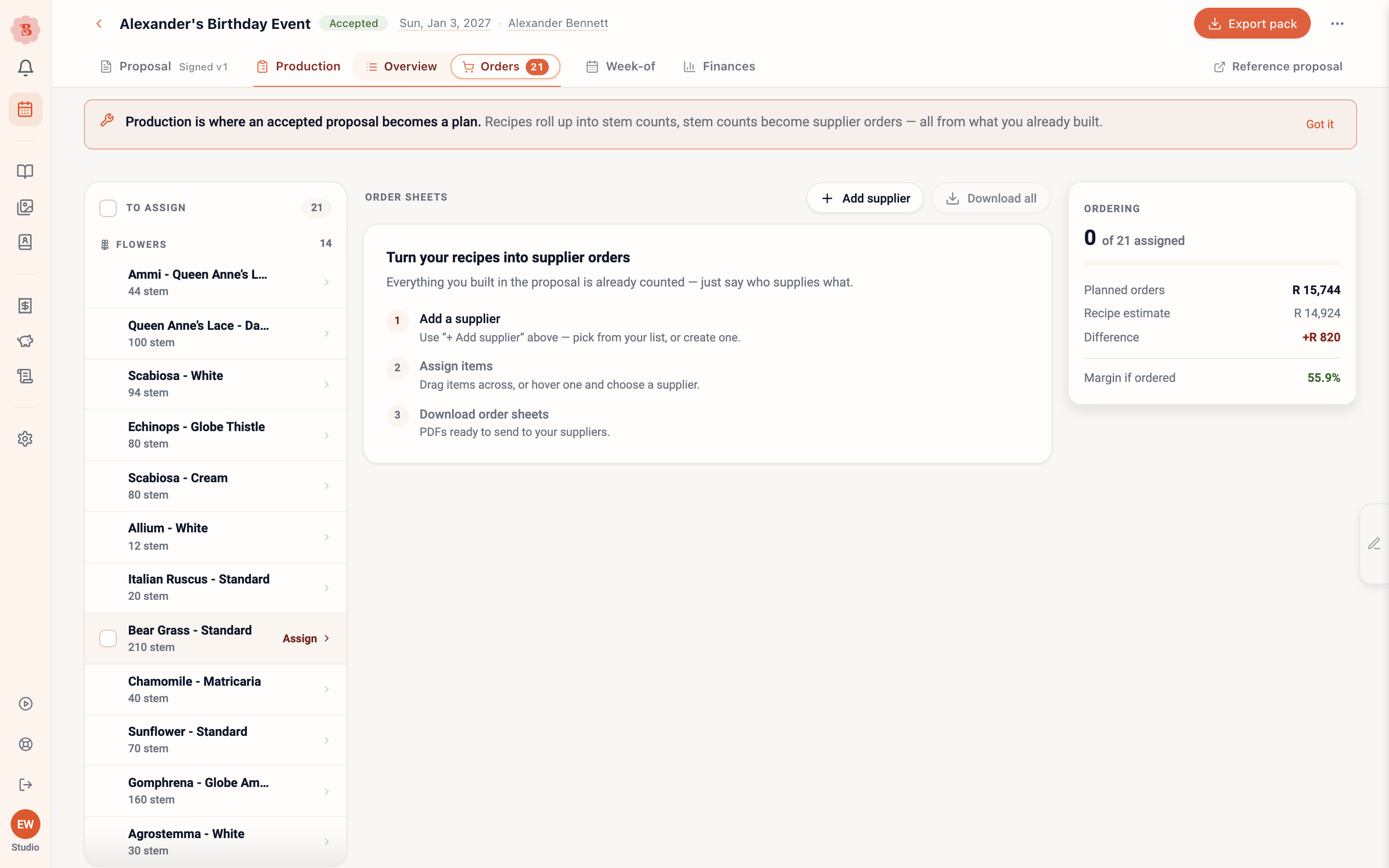 The Orders view with the to-assign queue of stems, the order sheets explainer, and the ordering rail