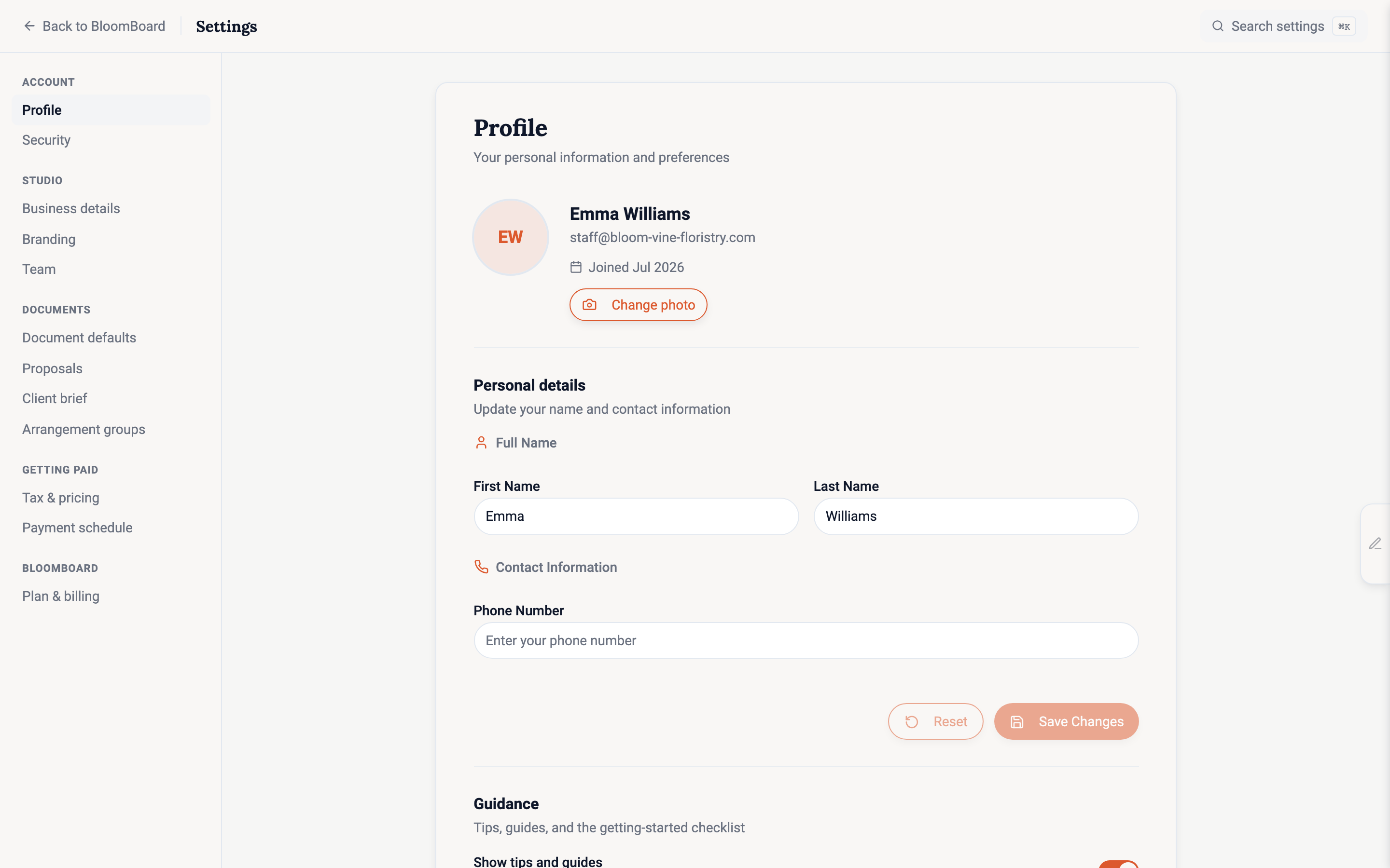 The Settings space with its grouped sidebar and the Profile page open