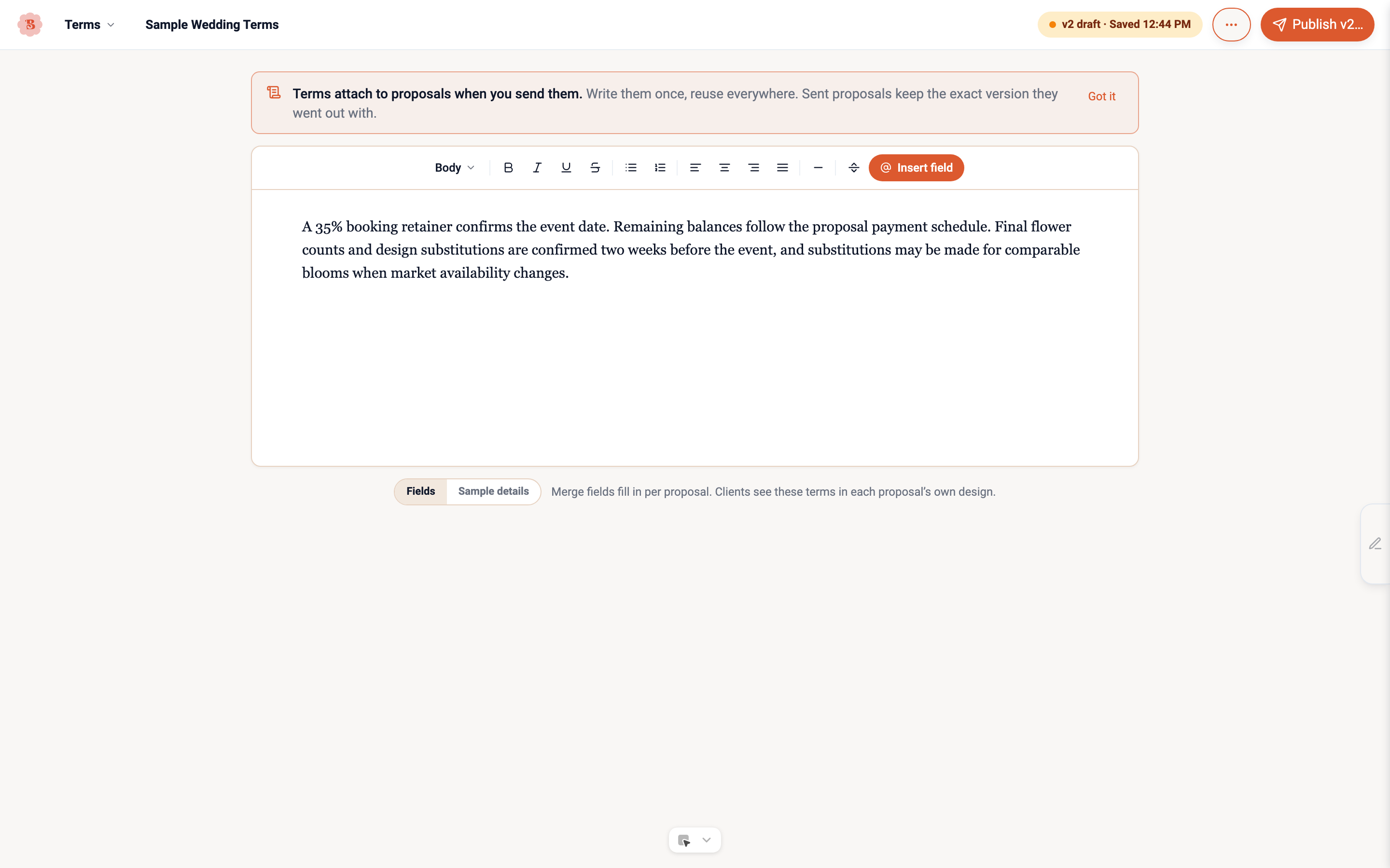 Terms Studio: the terms document with its version status and Publish button above it